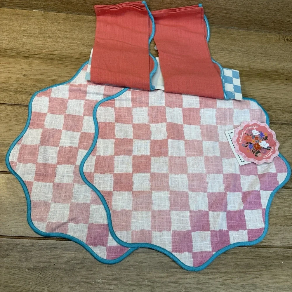 Luzoh Collective Placemat Napkin Set Linen Pink Gingham Boho Chic Portugal